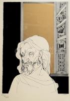 Szász Endre (1926-2003): Illusztráció Francois Villon A haláltánc ballada c. művéhez. Szitanyomat, papír, jelzett, művészpéldány EA XIII/XXV számozással. Az 1996-ban megjelent Francois Villon balladái Faludy György átköltésében c. mappából. 41x29,5 cm. Üvegezett fakeretben.