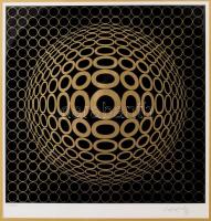 Victor Vasarely (1908-1997): Op-art kompozíció. Szitanyomat, papír. Jelzett, számozott: F. V. 26/30. Üvegezett fakeretben. 40x40 cm / Victor Vasarely (1908-1997): Op-art composition. Serigraphy on paper. Signed, numbered: F. V. 26/30. Framed. 40x40 cm.