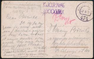 1917 Tábori posta képeslap "K.u.K.IR.No.46 / 3/XXXV.M.K" cenzúra jelzéssel Gyulafehérvárra küldve