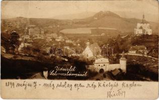 1899 (Vorläufer) Selmecbánya, Schemnitz, Banská Stiavnica; Hegybányai (Szélaknai) kapu, Piargi kapu, Leányvár, Kálvária / city gate, castle, calvary. photo (fa)