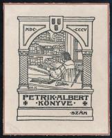 Csányi Károly (1873-1955): Petrik Albert könyve (szecessziós ex libris). Klisé, papír, jelzett a klisén, kartonra kasírozva. 8x6 cm