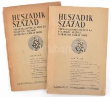 [Folyóirat] Huszadik Század. Társadalomtudományi és politikai szemle. Szerkeszti Csécsy Imre. Megjelenik kéthavonkint. 35. évfolyam, 2. szám, Budapest, 1947 (Benne: Békét Csehszlovákiával, A Dunai Konföderációról) és 36. évf. 2. szám Budapest, 1948. Társadalomtudományi Társaság (Antiqua Rt. ny.) (Durkheim a demokráciáról, Szabó József: A szabadság új értelme) A Huszadik Század társadalomtudományi folyóirat a múlt század meghatározó szociológiai periodikája volt, 1900-1919 között polgári radikális szellemben Jászi Oszkár szerkesztette. A lap 1926-1939 között, névváltoztatás után Századunk címmel jelent meg, előbb Vámbéry Rusztem, majd 1934-től Csécsy Imre szerkesztésében.