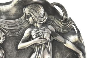 Jugendstil nőalakos ón kínáló, fogója restaurált, 30x29 cm