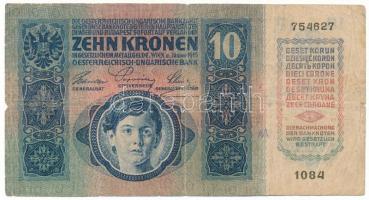 1915. 10K felismerhetetlen kék felülbélyegzéssel T:F-VG, pici szakadások, pici lyuk a kereszthajtásn...