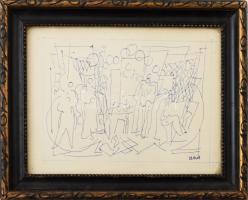 Aczél Ilona (1929-2000): Bulizó társaság. Golyóstoll, papír, jelzett. Üvegezett fakeretben. 18x23,5 cm.