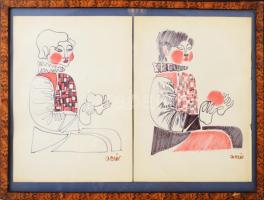 Aczél Ilona (1929-2000), 2 db mű egy keretben: Babák. Filctoll, papír, mindkettő jelzett. Üvegezett fakeretben. 30x21 cm.