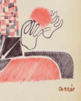 Aczél Ilona (1929-2000), 2 db mű egy keretben: Babák. Filctoll, papír, mindkettő jelzett. Üvegezett ...