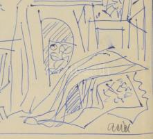 Aczél Ilona (1929-2000): Festő a műteremben. Golyóstoll, papír, jelzett. Üvegezett fakeretben. 18x13...