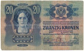 1913. 20K "999918 2258" kék felülbélyegzéssel T:F, pici lyuk a kereszthajtásnál, pici szak...