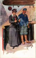 WWI Austro-Hungarian K.u.K. military art postcard, soldier with ticket inspector on a tram. B.K.W.I. 511-3. s: K. Feiertag (fl)