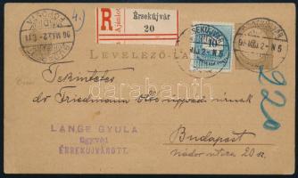 1896 Ajánlott 2kr díjjegyes levelezőlap Színesszámú 10kr kiegészítéssel "ÉRSEKÚJVÁR" - "BUDAPEST"