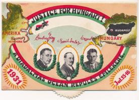 1931 Justice for Hungary! A diadalmas óceánrepülés emlékére. Magyar Sándor navigátor, Endresz György pilóta, Szalay Emil mecénás. Kiadja a Magyar Nemzeti Szövetség, Grund V. utódai mechanikus lap / Hungarian pilots and their patron of the Hungarian-American Ocean Flight, Trianon Peace Treaty. irredenta mechanical postcard (fl)