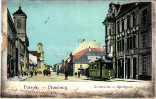 1906 Pozsony, Pressburg, Bratislava; Kórház utca, villamos. Duschinsky G. kiadása/ Spitalgasse / street, tram (szakadás / tear)