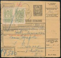 1945 (3. díjszabás) Csomagszállító 7 db postai és 2 db illetékbélyeggel "BÉKÉSCSABA" - "BUDAPEST"