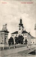 Újbánya, Königsberg, Nová Bana; Városház, Szentháromság szobor / town hall, Trinity statue