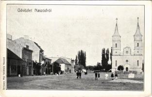 Naszód, Nasaud; Fő tér, templom. Schwarz Mór felvétele / main square, church (EK)