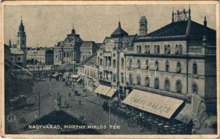 Nagyvárad, Oradea; Horthy Miklós tér, villamos, városháza, Palace szálloda és kávéház / square, tram, town hall, hotel and café (EK)