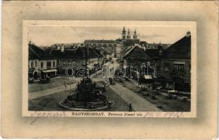 1913 Nagyszombat, Tyrnau, Trnava; Ferenc József tér, Szentháromság szobor, üzletek, piac / square, Trinity statue, shops (EK)