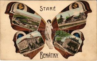 1930 Benátky nad Jizerou II, Staré Benátky; Cubrovar, Kostel, Skola, Obecui dum a posta / Sugar factory, Church, School, Town hall and post office. Montage with butterfly lady (EK)