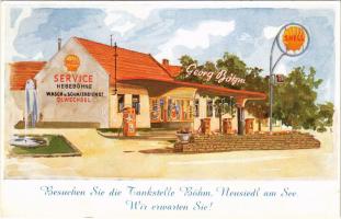 Nezsider, Neusiedl am See; Besuchen Sie die Tankstelle Böhm. Wir erwarten Sie! / Georg Böhm Shell benzinkút reklámja. Viktor Horvath kiadása / Shell petrol station advertisement (fa)