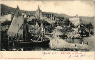 1901 Lovran, Lovrana; Molo, restaruration / kikötő hajókkal, étterem / port with ships, restaurant. Alfred Dietrich 185.