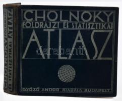 1934 Dr. Cholnoky Jenő: Földrajzi és statisztikai atlasz. 78 fő- és 155 melléktérkép. Világstatisztika. Szerk.: - - . Bp., 1934, Győző Andor. Harmadik kiadás. Kiadói haránt-alakú egészvászon-kötés, kopott borítóval, kissé sérült könyvtesttel.