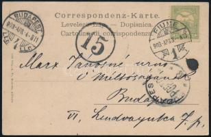 1903 Képeslap Turul 5f bérmentesítéssel, 15f portóval "FIUME" - "BUDAPEST"