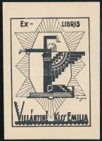 Dinnyés Ferenc (1886-1958): Ex libris Villányiné Kiss Emilia (art deco könyvjegy). Klisé, papír, jelzett a klisén, 9x6,5 cm