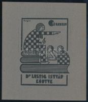 Dinnyés Ferenc (1886-1958): Ex Libris, Dr. Lustig István könyve. Klisé, papír, jelzett a nyomaton, 8×6 cm