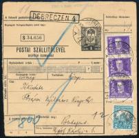 1930 Csomagszállító 4 db bélyeggel "DEBRECZEN" - "BUDAPEST"