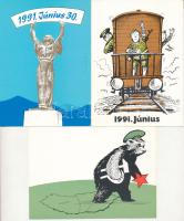 3 db MODERN magyar propaganda képeslap a szovjetek kivonulásáról (1991) Kiadja a Magyar Fórum (Csurka István) / 3 MODERN Hungarian propaganda postcards: the withdrawal of Soviet troops from Hungary