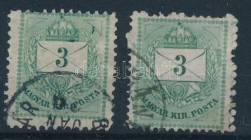 1881 2 x 3kr RRa 11 1/2, 13 fogazással, a jobb oldali gyöngysor mögött hiányzó háttér vonalak ill. a vonalak nagy kiterjedésű vésés javítása (600p)