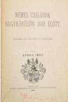 Benkó Imre: Nemes családok Nagykőrösön 1848 előtt.. Leszármazási táblákkal és czímerekkel. Nagykőrös, 1908, Ottinger E. Újrakötött egészvászon kötésben, eredeti vászonkötés elemei mindkét táblára és a gerincre ráragasztva, 2 kihajtható leszármazási táblával, szövegközti címerrajzokkal. Az utolsó 20 oldal (39-399) jó minőségű másolattal pótolt.