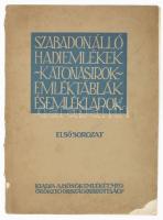 Szabadon álló hadiemlékek, katonasírok, emléktáblák és emléklapok. I. sorozat. [Unicus.] Bp., 1916. Hősök Emlékét Megörökítő Országos Bizottság,(Hornyánszky Viktor-ny.),18+52+2 p. Kiadói papírkötés, a borító elvált a füzettől és ketté szakadt, valamint a borító foltos, és az egyik sarkán hiánnyal.