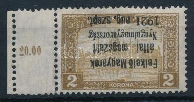 Nyugat-Magyarország I. 1921 Parlament 2K ívszéli bélyeg fordított felülnyomással és kettős fogazással, Bodor vizsgálójellel