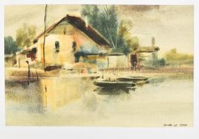 Balázs György (1927-2015): Vízparti táj, 1997. Akvarell, papír, jelzett, paszpartuban. 19,5x31 cm