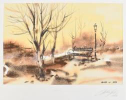 Balázs György (1927-2015): Kinn, padon, 1996. Akvarell, papír, jelzett, paszpartuban. 19x29,5 cm