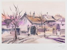 Balázs György (1927-2015): Utcarészlet kapuval, 1995. Akvarell, papír, jelzett, paszpartuban. 21x32 cm