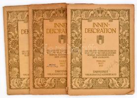 1922-1925 Innendekoration. Die gesamte Wohnungskunst in Bild und Wort. Herausgeber: Hofrat Alexander Koch. XXXIII. Jahrgang. April 1922. + XXXVI. Jahrgang. Februar, März 1925. (3 db). Darmstadt, Verlagsanstalt Alexander Koch. Fekete-fehér képekkel illusztrálva, hirdetésekkel. Német nyelven. Kiadói papírkötés, kissé sérült borítókkal, szétváló fűzéssel, tulajdonosi névbejegyzéssel.