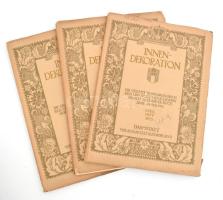 1925 Innendekoration. Die gesamte Wohnungskunst in Bild und Wort. Herausgeber: Hofrat Alexander Koch. XXXVI. Jahrgang. April, Mai, Juni 1925. (3 db). Darmstadt, Verlagsanstalt Alexander Koch. Fekete-fehér képekkel illusztrálva, hirdetésekkel. Német nyelven. Kiadói papírkötés, kissé sérült borítókkal, szétváló fűzéssel, tulajdonosi névbejegyzéssel.