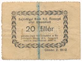 Rozsnyó 1919. 20f "Sajóvölgyi Bank Rt.", kék vonallal áthúzva T:F Adamo ROZ-4.2.2