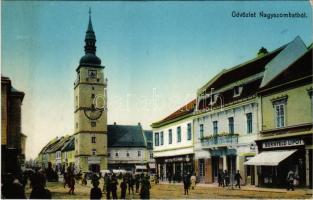 Nagyszombat, Tyrnau, Trnava; Alsó hosszú utca, városháza, Bernfeld Lipót, Steinitz, Winter Salomon üzlete és saját kiadása / street view, town hall, publisher's shop