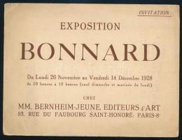 1928 Pierre Bonnard (1867-1947) festőművész kiállítására szóló meghívó, Párizs, MM. Bernheim-Jeune, hátoldalán Szittya Emil (1886?1964) költő, író, művészetkritikus és festő aláírásával, hajtásnyommal