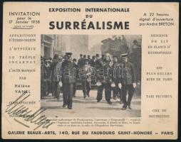 1938 Nemzetközi szürrealista kiállításra (Exposition international du surréalisme) szóló illusztrált meghívó, Párizs, Galerie beaux-arts, beazonosítandó aláírással, bal alsó sarkában törésnyommal