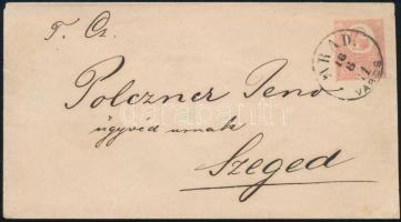 1871 Kőnyomat 5kr díjjegyes boríték, II. típus, "ARAD / VÁROS" - "SZEGED". A Monográfia III. kötetének 360. ábrája, luxus példány!