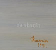 Szünderné Havasi Erzsébet (1947-): Vitorlások. Olaj, farost, jelzett, dekoratív fakeretben, 18×26,5 ...