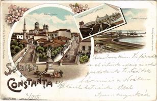 1899 (Vorläufer), Constanta, Ovidiu, Piata Ovidiu, Podul regele Carol I. pe Dunare, Portul Constanta. G.M. Grigoriu / square, bridge, port. Art Nouveau, floral, litho (EK)