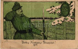 1916 38. honvéd hadosztály, Boldog Karácsonyi Ünnepeket! / WWI Austro-Hungarian K.u.K. military art postcard with Christmas greetings s: Daday + "M. kir. 38. honvéd tábori tarackos ezred" "K. und k. Feldpostamt 23" (kis szakadás / small tear)