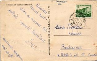 1953 Nyíregyháza, Városháza a MÁV Nyírvidékei kisvasút villamosával, Néplap kiadóhivatal. Képzőművés...