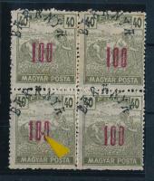 Baranya II. 1919 Magyar Posta 100/40f 4-es tömbben felfelé tolódott fekete felülnyomással, a bal alsó bélyegen poloska a 100-as értékszámban, Bodor vizsgálójellel (rozsdafolt, fogelválások / stain, aparted perfs.)